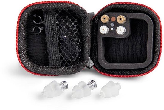 Open Alpine MusicSafe Pro opbergdoosje met drie oordopjes en diverse filters.