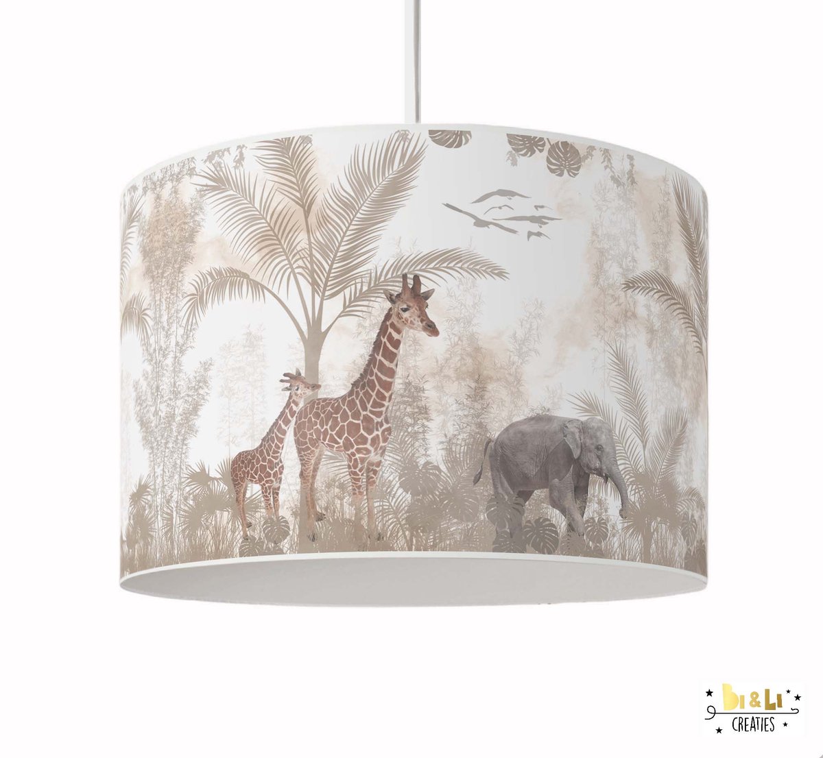 Hanglamp Jungle Giraf met Olifant - lampen - 30x30x24 cm - kinder & babykamer - kunststof - wit - excl. lichtbron