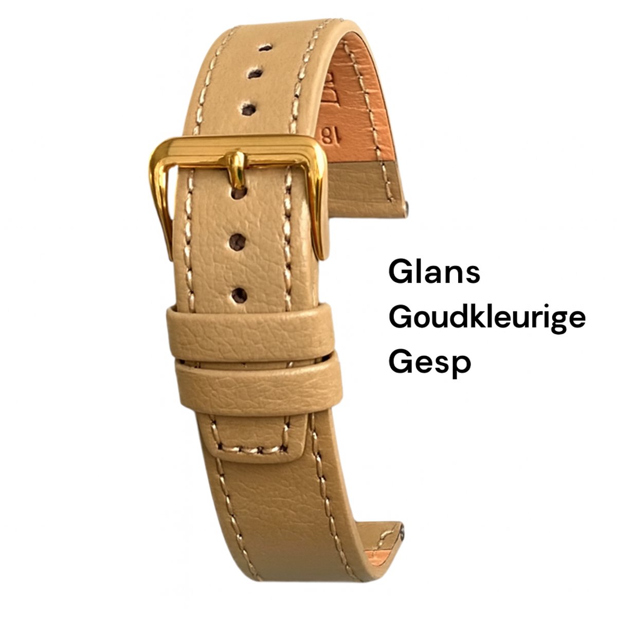 Horlogeband-horlogebandje-18mm-echt leer-zacht-mat-camel-beige-zacht-plat-goudkleurige gesp -18 mm