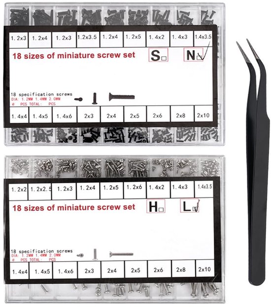 Mini-schroevenset 1000 Stuks – 18 Maten M1.2/M1.4/M2 – Voor Bril, Horloge, Laptop – Inclusief 2 Schroevendraaiers