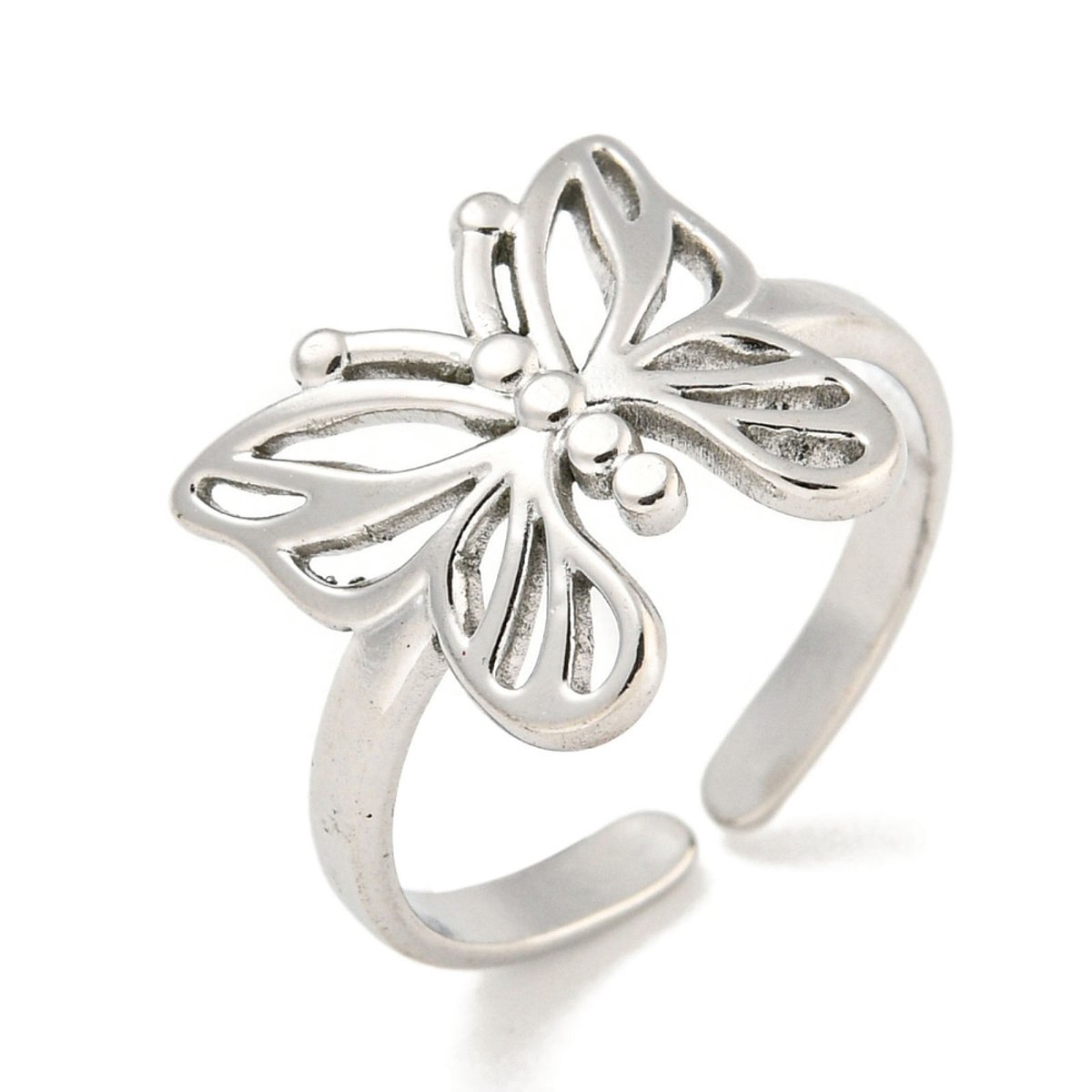 Ring stainless steel met vlinder bohemian, one size ring, zilverkleurig, 100% waterproof, verstelbare ring, cadeau