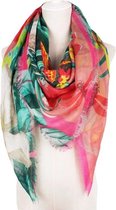 Kleurrijke driehoek of vierkante viscose dames sjaal met tropische vogels en bloemen - 130 x 130 cm