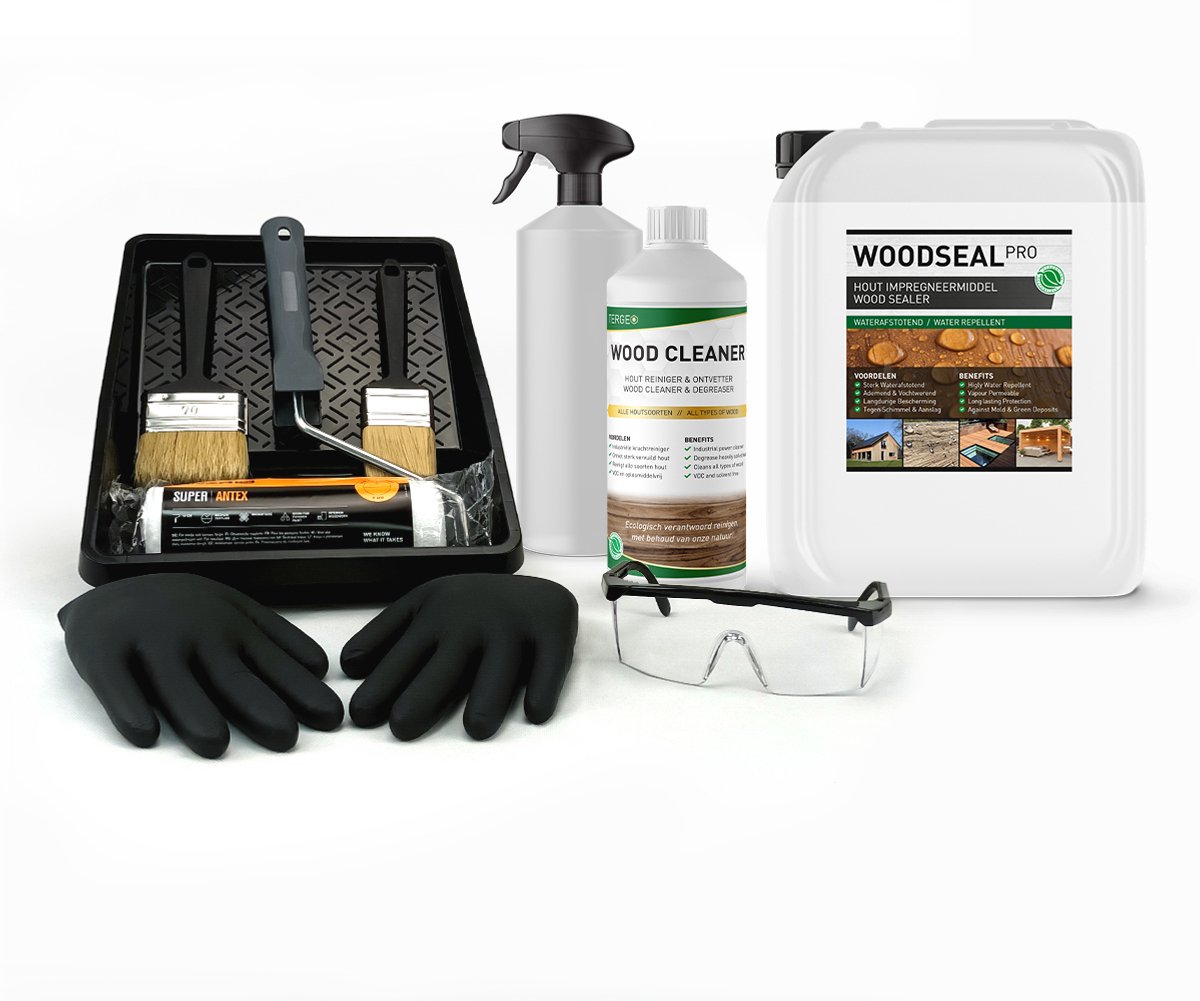 Woodseal Pro - Clean & Prep Impregneerset Hout - 100% Optimale Bescherming! - 10L Nano Coating - Toolset en Impregneermiddel incl. Houtreiniger en Impregneerspray