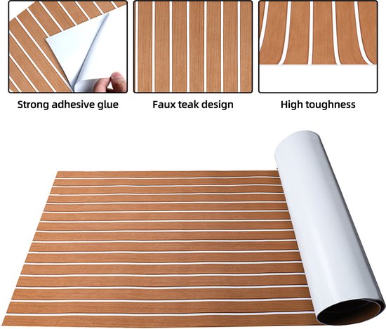 Tapis de Pont EVA Teak Foam Pro Series – Revêtement de Pont Premium Autocollant – Pont de Bateau Antidérapant – 240x60 cm – Brun Clair avec Lignes Witte – TeakFoamShop