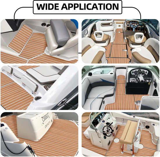 Tapis de Pont EVA Teak Foam Pro Series – Revêtement de Pont Premium Autocollant – Pont de Bateau Antidérapant – 240x60 cm – Brun Clair avec Lignes Witte – TeakFoamShop