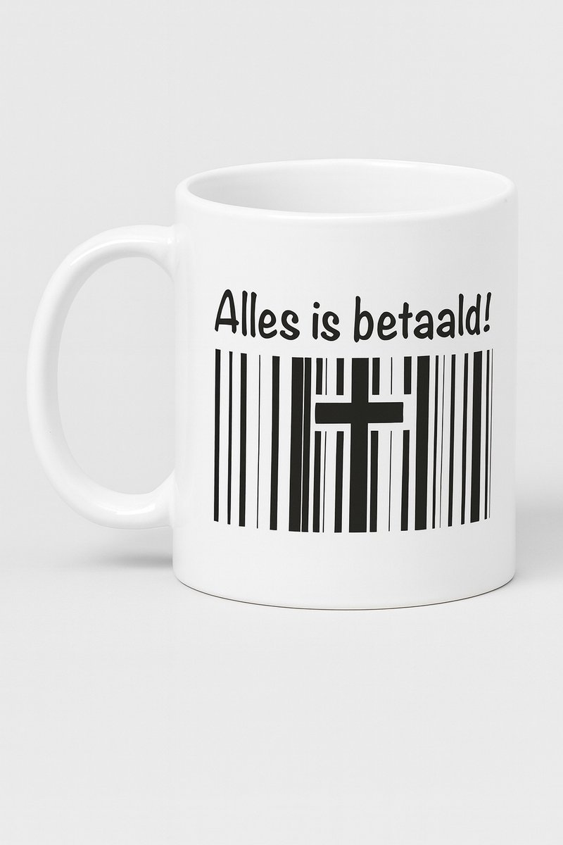 Christelijke mok – Alles is betaald – Kruis mok – Barcode - Kruis – Geloof - Cadeau – Christelijk cadeau – Bijbelse mok – Pasen gift – Verlossing – Genade – Religieuze mok – Koffiemok Christelijk – Geloofsproduct – Christelijke beker -