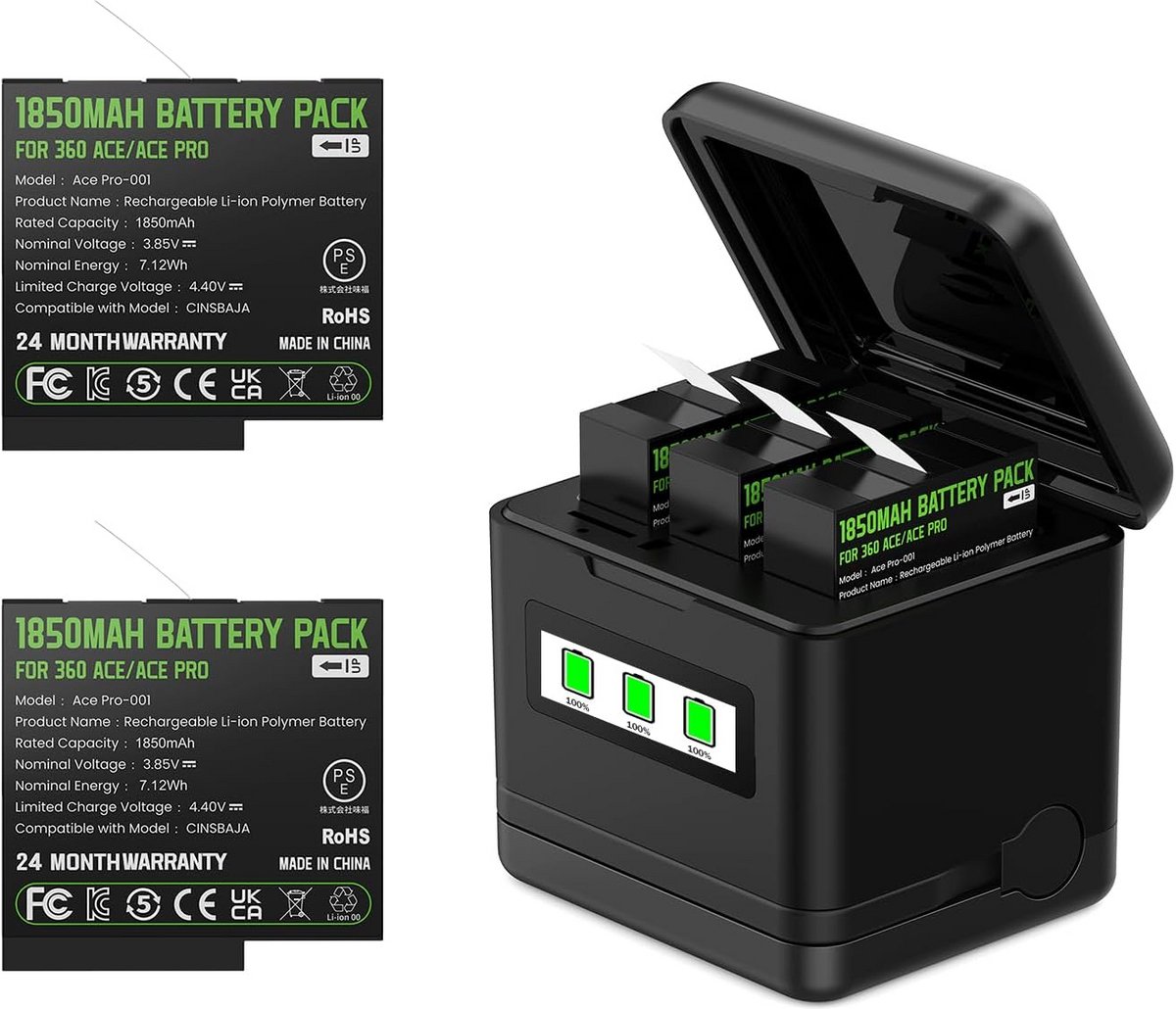 2 Stuks Vervangende Batterijen met LCD Oplader voor 360 Graden Camera