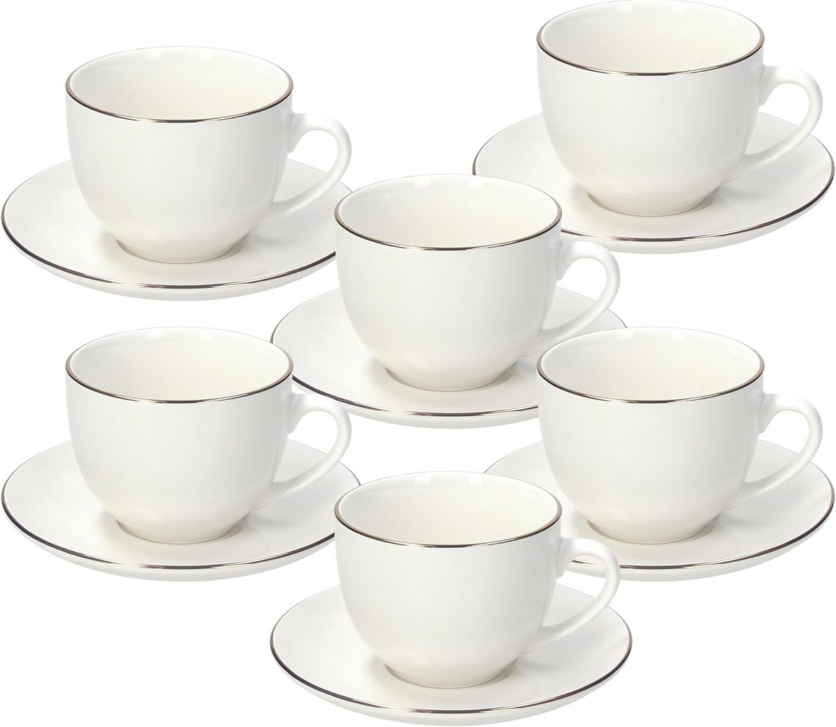 Set van 6 theekopjes met schoteltjes, porselein, wit