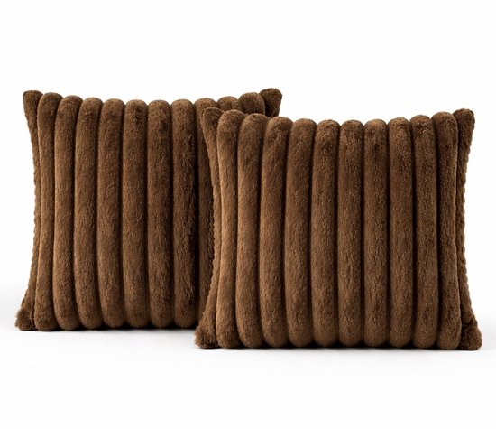 Set de 2 Coussins décoratifs 50x50 cm Marron | Tissu côtelé de Luxe double face | Coussins intérieurs inclus | Moelleux, doux, peluche, nounours | Ensemble de coussins décoratifs | Coussins pour canapé à l'intérieur, salon | Coussins Décoration