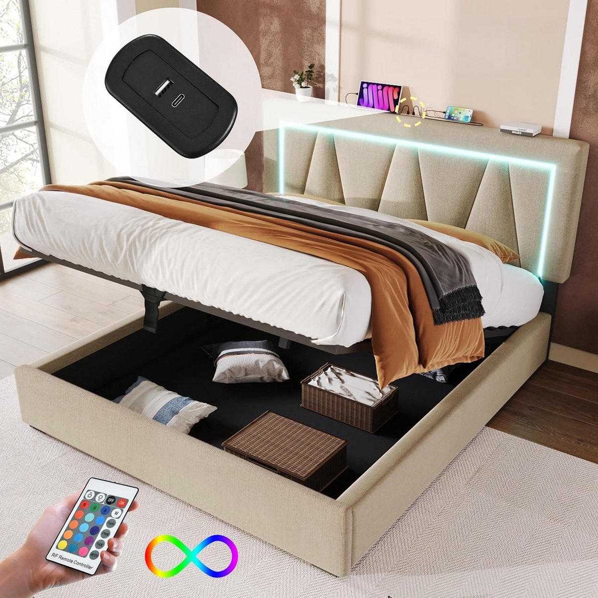 Gestoffeerd Tweepersoonsbed 140x200 met LED Verlichting en USB-C Oplaadpunt
