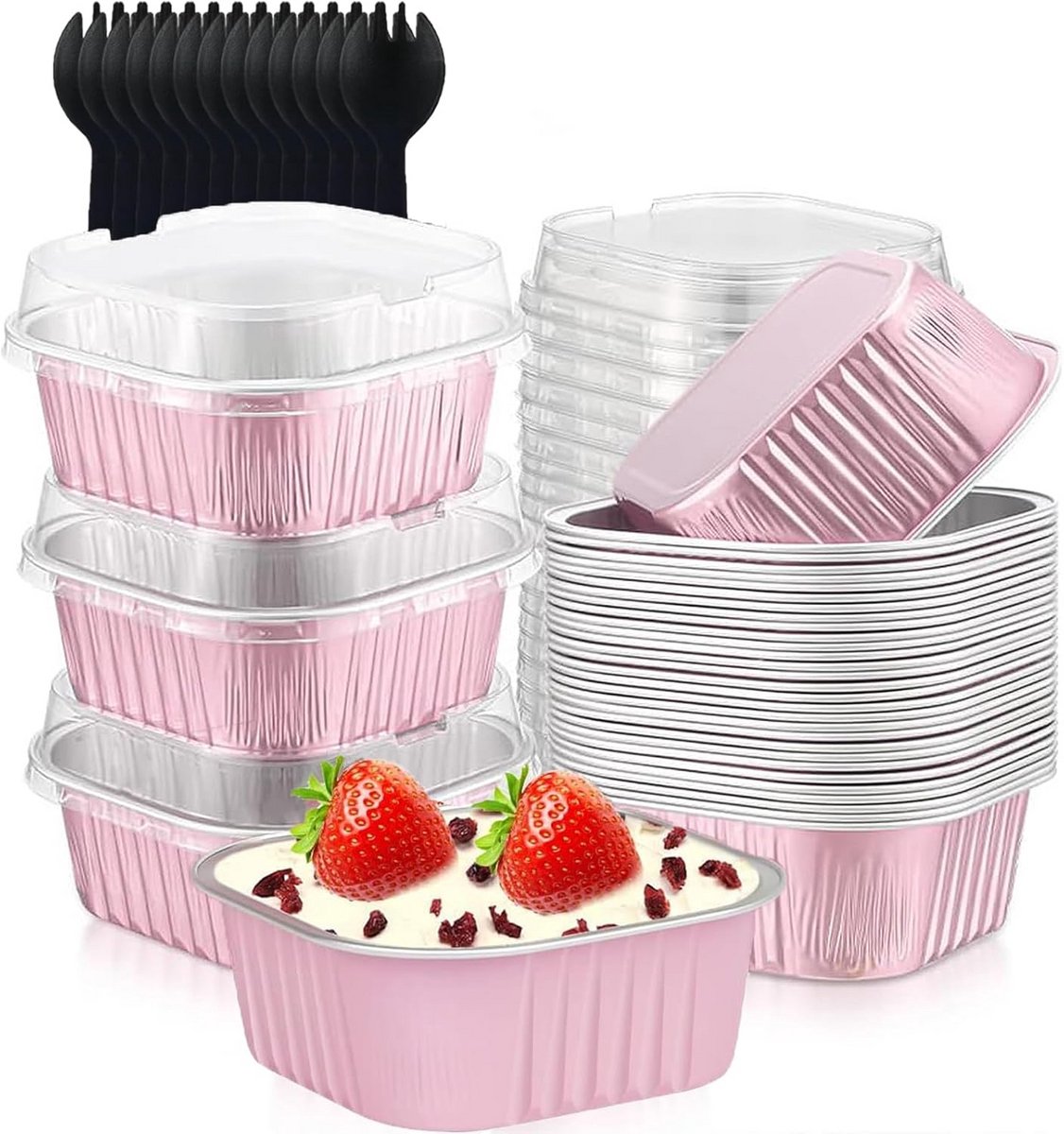 50 Vierkante Mini Bakvormpjes van Aluminiumfolie met Deksel en Lepels