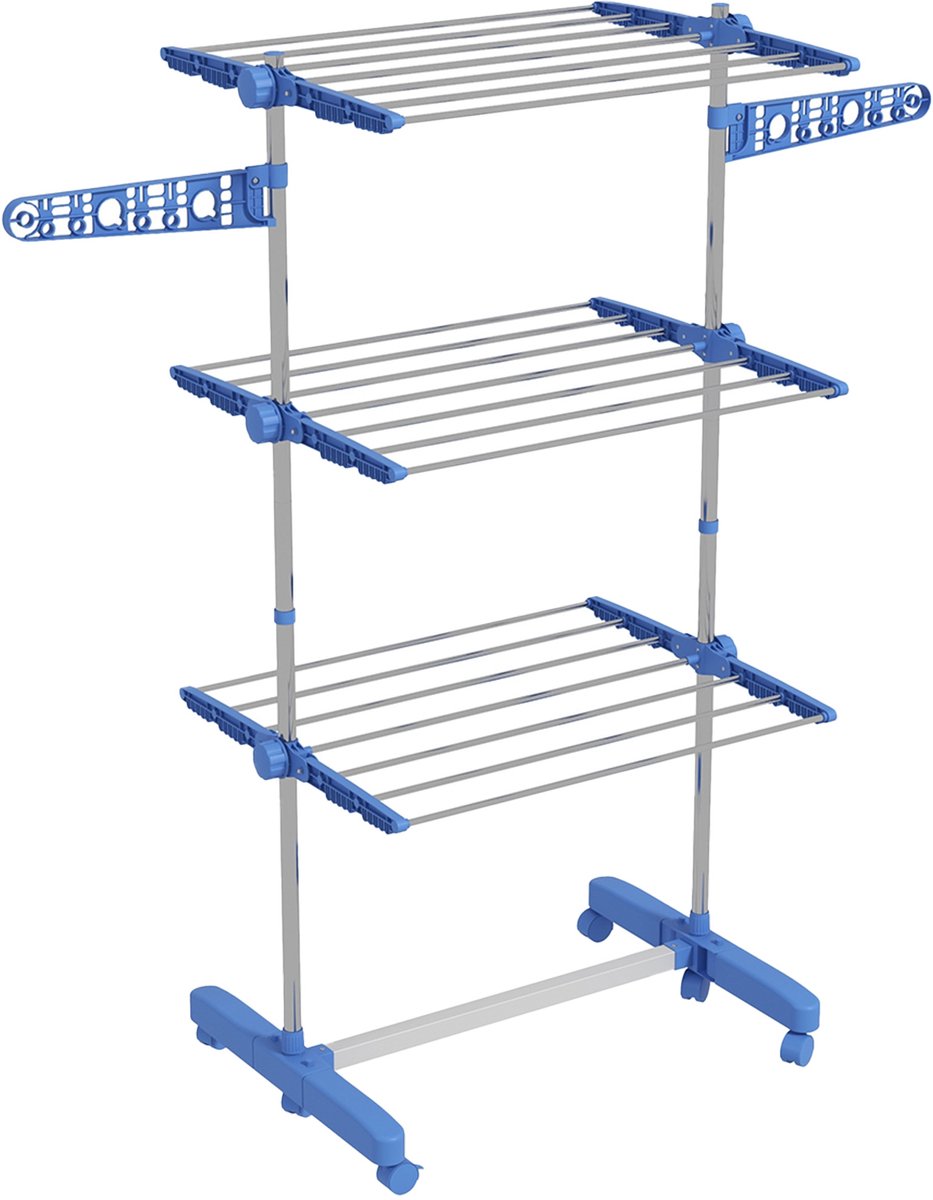 Torenwasrek - 3 Lagen + Rollen + Klapbaar - Met Zijvleugels - Staal - Blauw