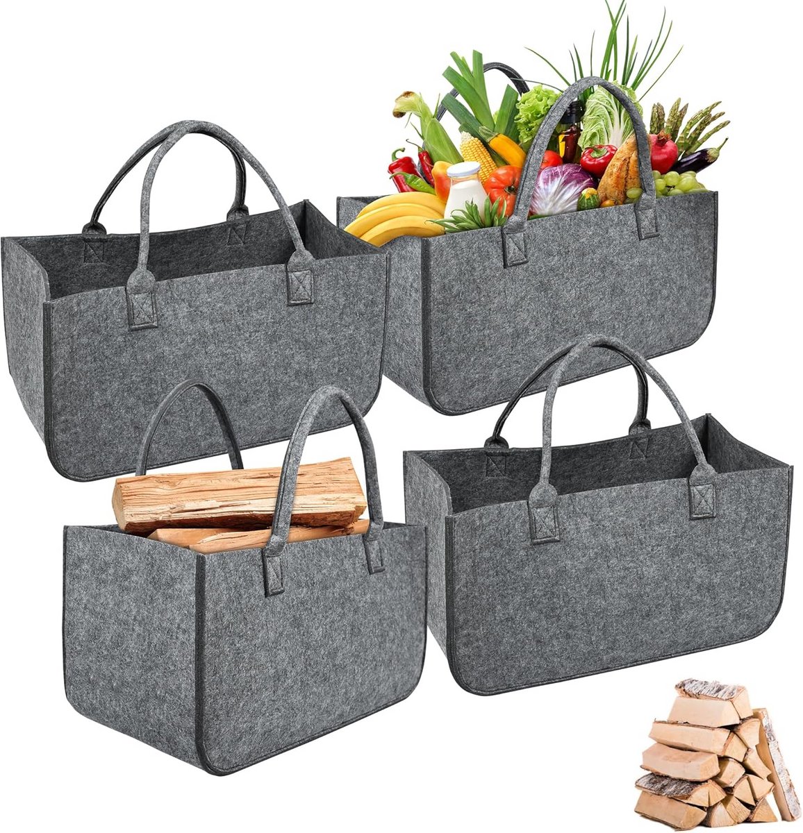 Set van 4 Stevige Vilten Tassen voor Haardhout, Boodschappen en Opslag - 50x25x25 cm