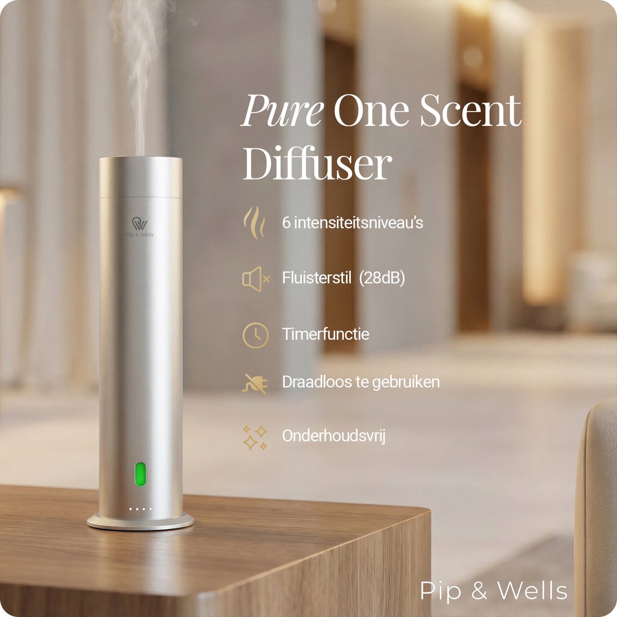 Pip & Wells® Pure One Aroma Diffuser – Waterloze Geurverspreider met 3 Hotelgeuren – Etherische Olie - 360ml – Mat Zilver - Inclusief Afstandsbediening & Oplader — cadeau in Wonen & Interieur - foto 4