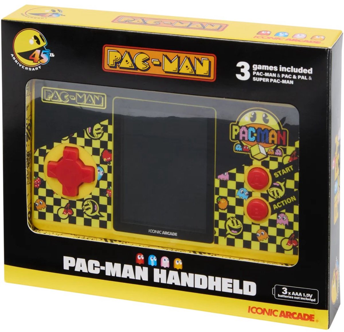 PAC-MAN Spelcomputer – originele uitvoering – inclusief 3 verschillende Pac-Man spelletjes – werkt op 3 AAA-batterijen – retro handheld spel – compact en draagbaar – ideaal voor fans van klassiek arcadespel – uren speelplezier onderweg of thuis