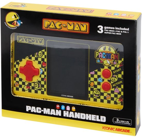 PAC-MAN Spelcomputer – originele uitvoering – inclusief 3 verschillende Pac-Man spelletjes – werkt op 3 AAA-batterijen – retro handheld spel – compact en draagbaar – ideaal voor fans van klassiek arcadespel – uren speelplezier onderweg of thuis