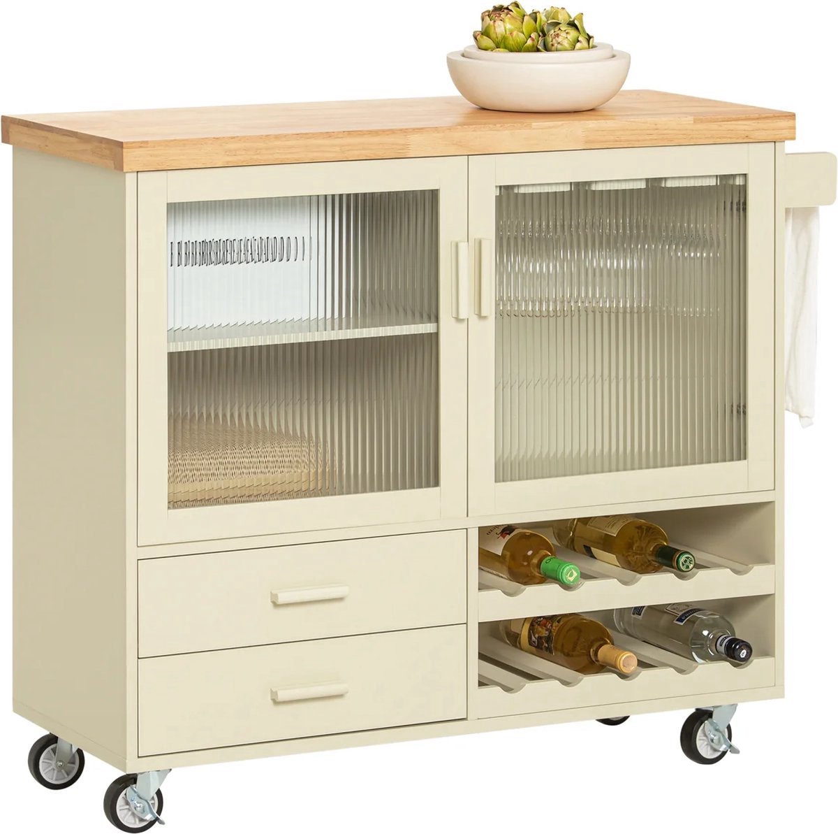 Keukeneiland - Verplaatsbaar - Keukenkast - Dressoir - Organizer - Kasten - Houten Werkblad - Beige