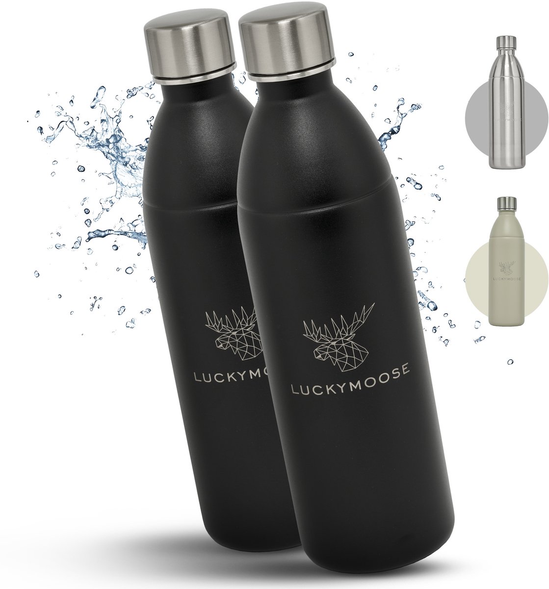 Luckymoose RVS Drinkfles 1,1L Infinity - Set van 2 - Geschikt voor SodaStream Bruiswatertoestel - Waterfles voor Bruiswater Machine - Zwart