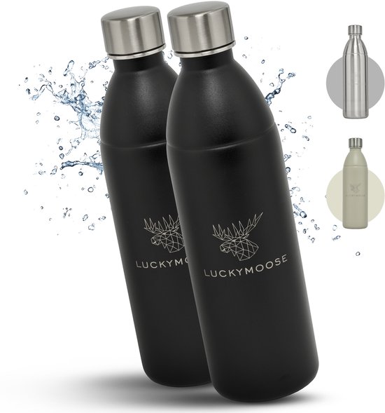 Luckymoose RVS Drinkfles 1,1L Infinity - Set van 2 - Geschikt voor SodaStream Bruiswatertoestel - Waterfles voor Bruiswater Machine - Zwart