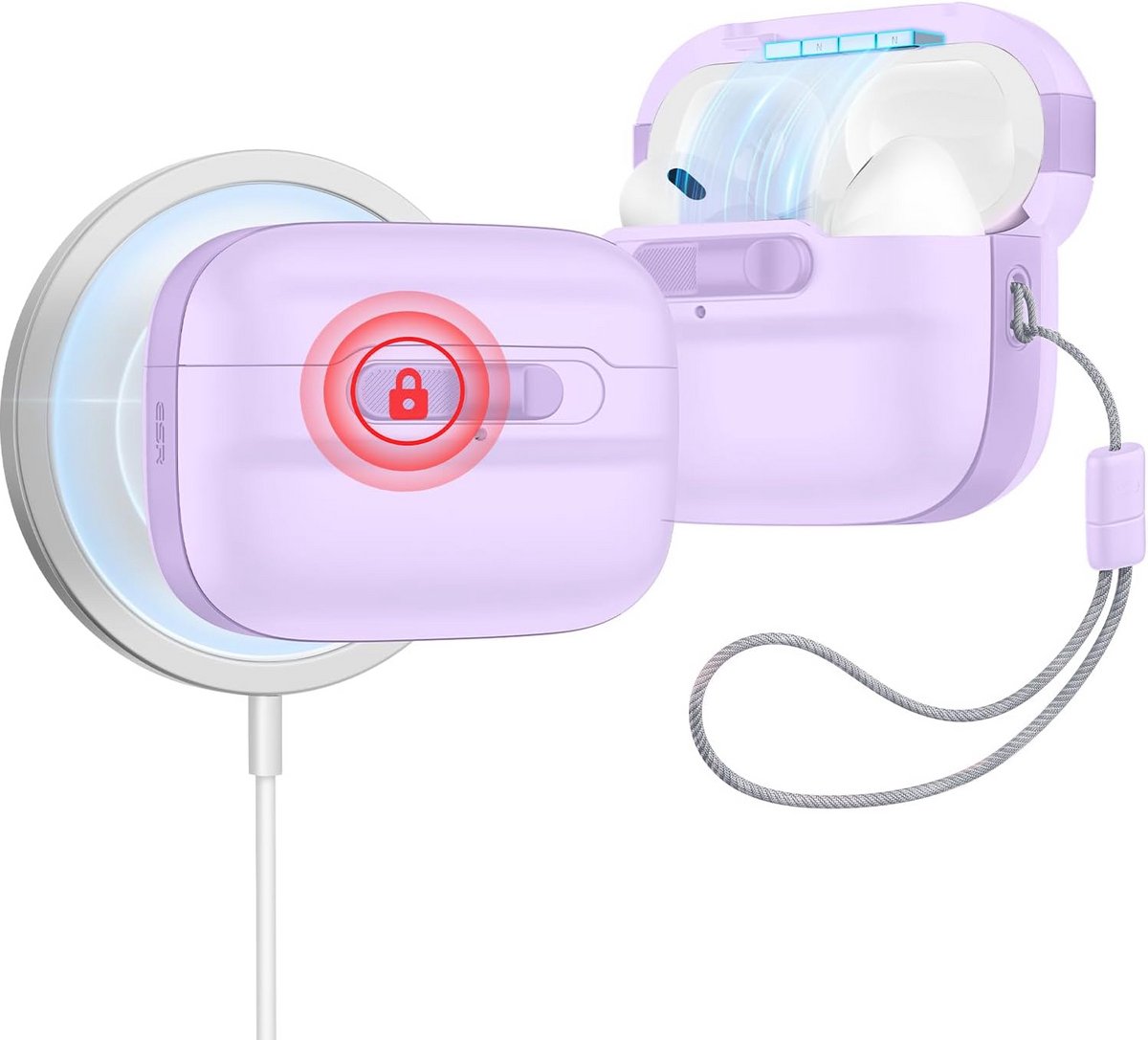 Beschermhoes AirPods Pro 2 & 1 met MagSafe, magnetische sluiting en draagband (Lila)