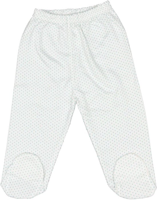 Witte broek met voetjes, bedrukt met kleine blauwe stippen.