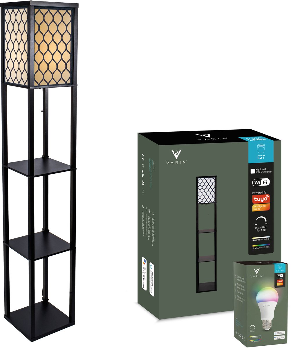 Varin® Vloerlamp met vakken - Zwart/gaas - Met E27 Led lamp - Dimbaar - Witlicht RGB - Smart Lamp Tuya wifi - Slimme staande lampen - Sfeerlamp - Vakkenkast - Lamp industrieel - Daglichtlamp - Vloerlampen - Verlichting woonkamer, keuken en slaapkamer