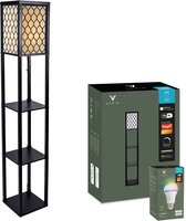 Varin® Vloerlamp met vakken - Zwart/gaas - Met E27 Led lamp - Dimbaar - Witlicht RGB - Smart Lamp Tuya wifi - Slimme staande lampen - Sfeerlamp - Vakkenkast - Lamp industrieel - Daglichtlamp - Vloerlampen - Verlichting woonkamer, keuken en slaapkamer