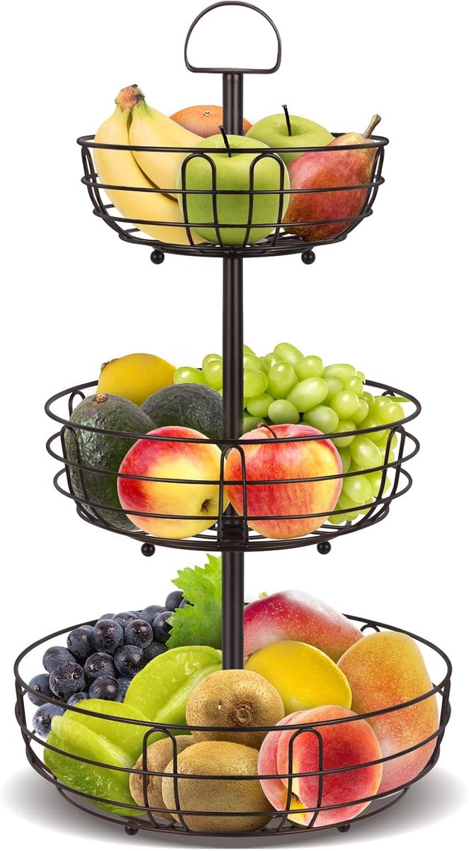 Famanu – Fruitetagère 3 verdiepingen – metalen fruitschaal afneembaar voor fruit en cake (brons)
