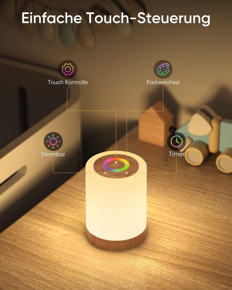Nachtlampje, LED-bureaulamp, aanraakgevoelige dimfunctie met 10 kleuren, LED-bureaulamp op batterijen met timerfunctie, draadloos nachtlampje Geschikt voor kinderen, voedingslamp met kleurveranderingsfunctie. — cadeau in Wonen & Interieur - foto 4