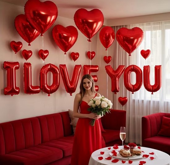 17 delig LOVE Ballonnen Set – Rode Hartjes & Letters I LOVE YOU – Valentijnsdag Decoratie – 18 Inch Folieballonnen – Inclusief Accessoires