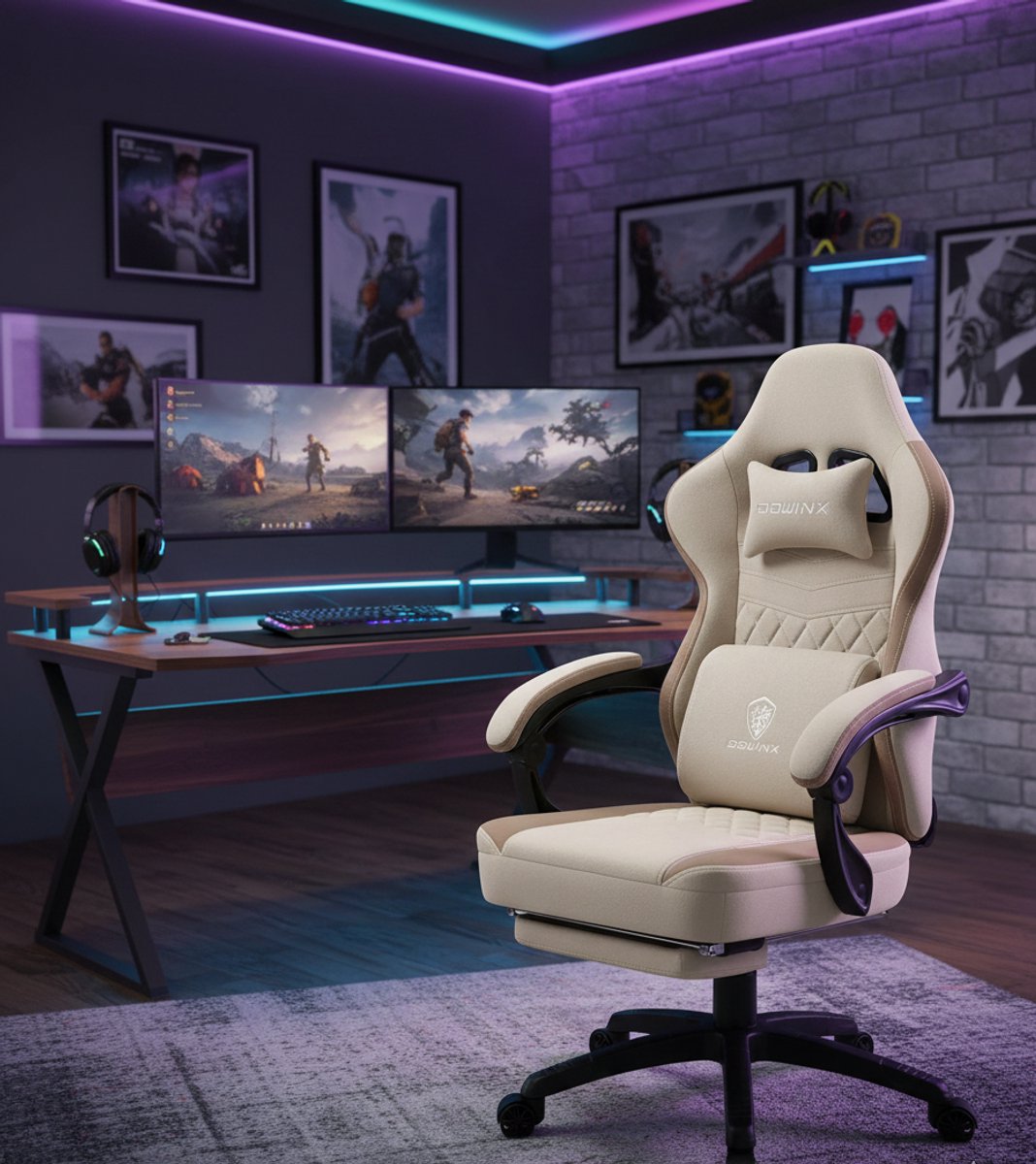 Gaming Ergonomische Massage Stoel met Voetensteun - Beige - afbeelding 3