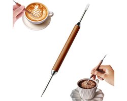 1 stuk - Latte art pen - Koffie tekenhulpmiddel - Roerstaafje - Koffie tekengereedschap - Barista gereedschap - Roestvrij staal - Houten handvat - Dubbelzijdig ontwerp - Geschikt voor thuis en in cafés - 15,5*1 cm - Bruin