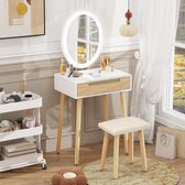Puluomis Kaptafel - Ovale LED-spiegel - 1 lade - Krukje - Hout - 60x40x137cm