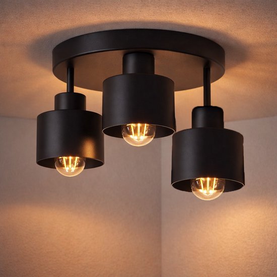 WoonWonder Industrieel Zwart - 3 x max. 60 Watt (E27) - Plafonnière Woonkamer, Kinderkamer, Slaapkamer - excl. lichtbron
