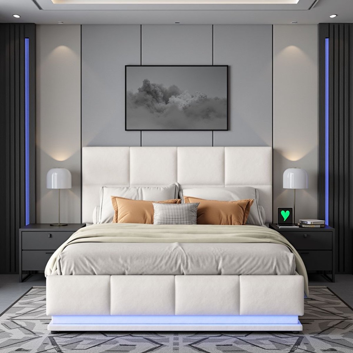 Hydraulisch Bed 140x190cm - ADFBL - Wit Kunstleer met LED - Modern Bed met Opbergruimte - Golfvormig Design - Twijfelaar Bedframe - met Lattenbodem