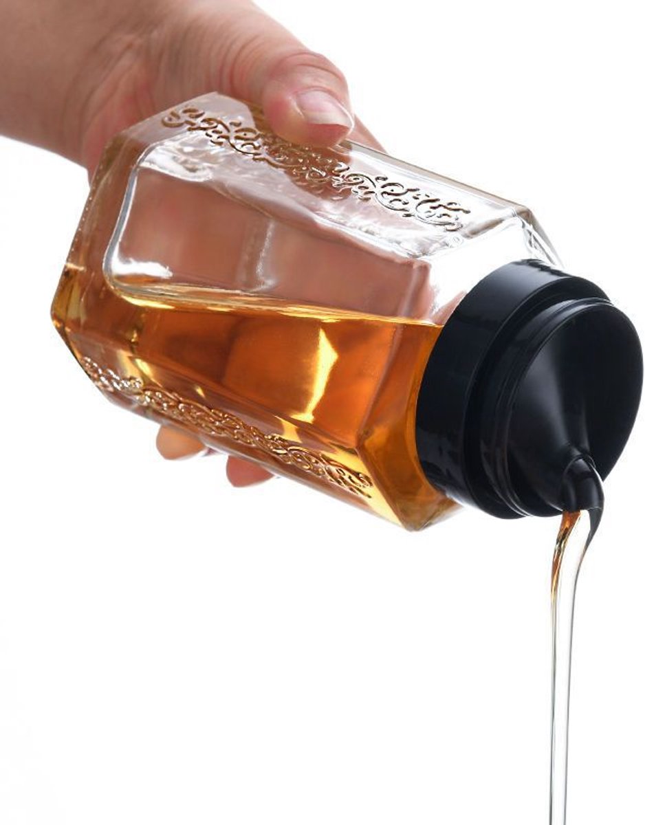 2-delige glazen honingdispenser met lekvrije deksel – Draagbare dispensers, perfect voor keukens, buffetten en picknicks. Vaatwasmachinebestendig, 360 ml/12 oz.