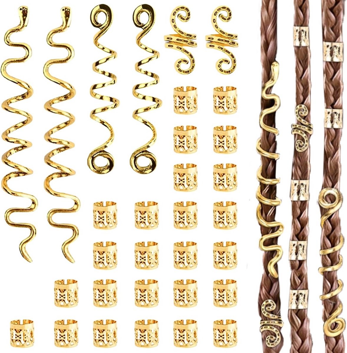 31 Delige Set Gouden Haarringen en Charms voor Dreadlocks en Vlechten