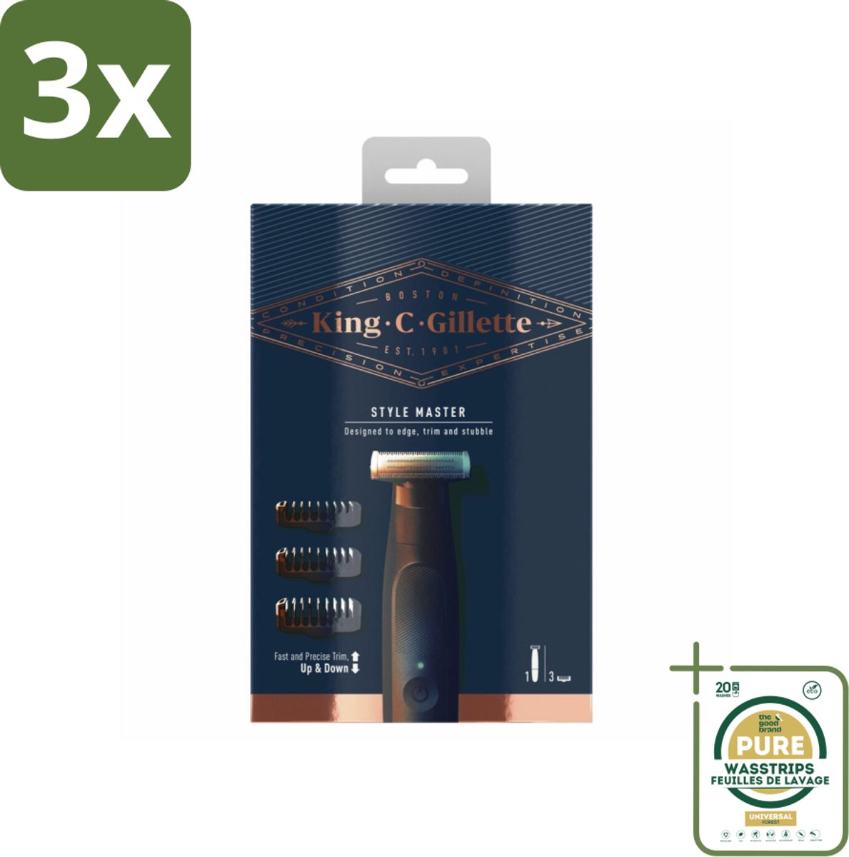 3 x King C. Gillette - Stoppelbaardtrimmer - Style Master - Met 3 Navulmesjes - Grootverpakking - Stoppelbaardtrimmer - Barttrimmer - Draadloze Trimmer - 4D Mes - Kammen Instellen