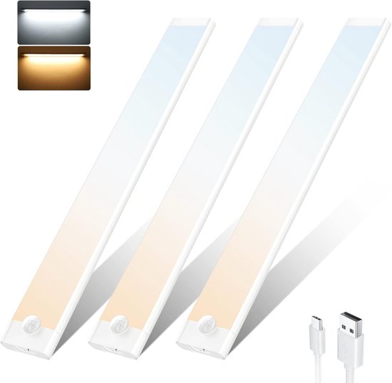 CHENRI 2 Stück Bohrfreie intelligente Sensor magnetische aufladbare LED-Leuchte, 3 Farben Dimmbar Schrankbeleuchtung Led Lampe mit Bewegungsmelder, Unterbauleuchte Küche für Treppe, Schrank (30CM
