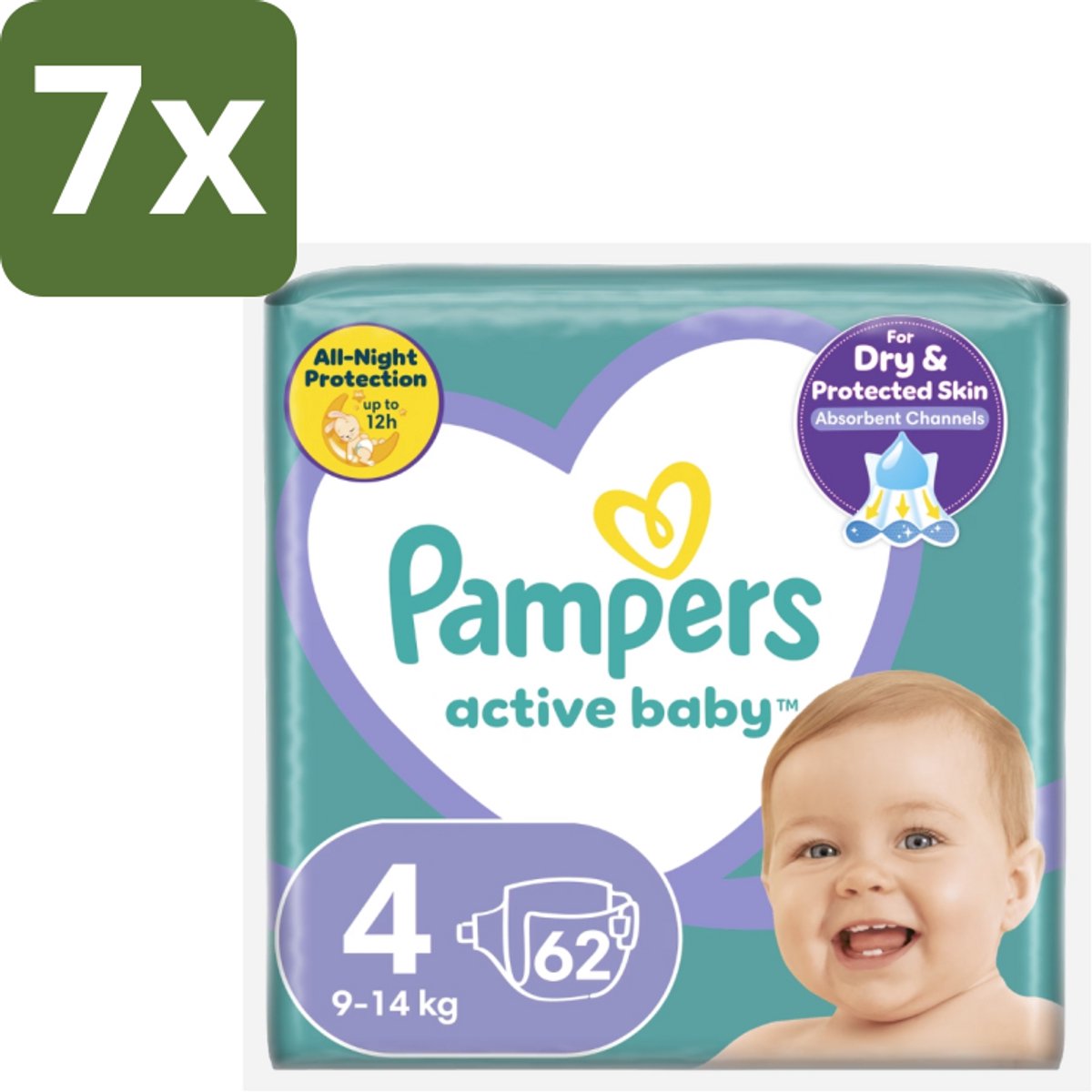 7 x Pampers – Luiers – Active Baby Maat 4 (9-14 kg) – 62 Luiers - Luiers Voor Baby - Droge Luiers - Superabsorberende Luiers - Anti-lek Luiers - Zachte Luiers