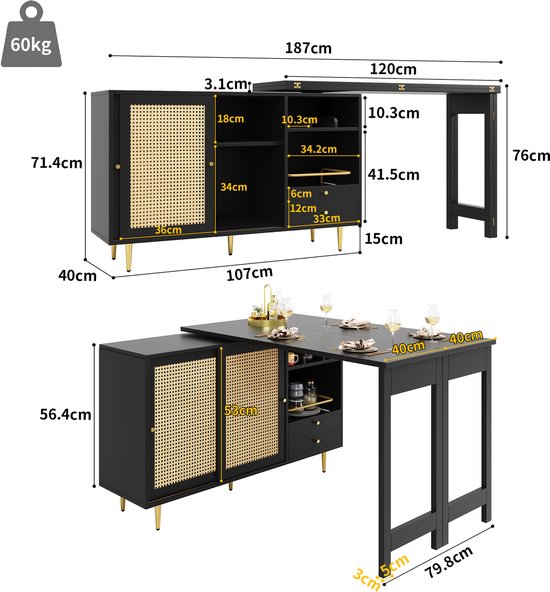 360° draaibare bartafel (hoofdgedeelte: 107 x 40 x 71,4 cm), zwarte uitschuifbare design bartafel, opbergkast met rotan deur + open opbergplank, geschikt voor keuken en eetkamer.