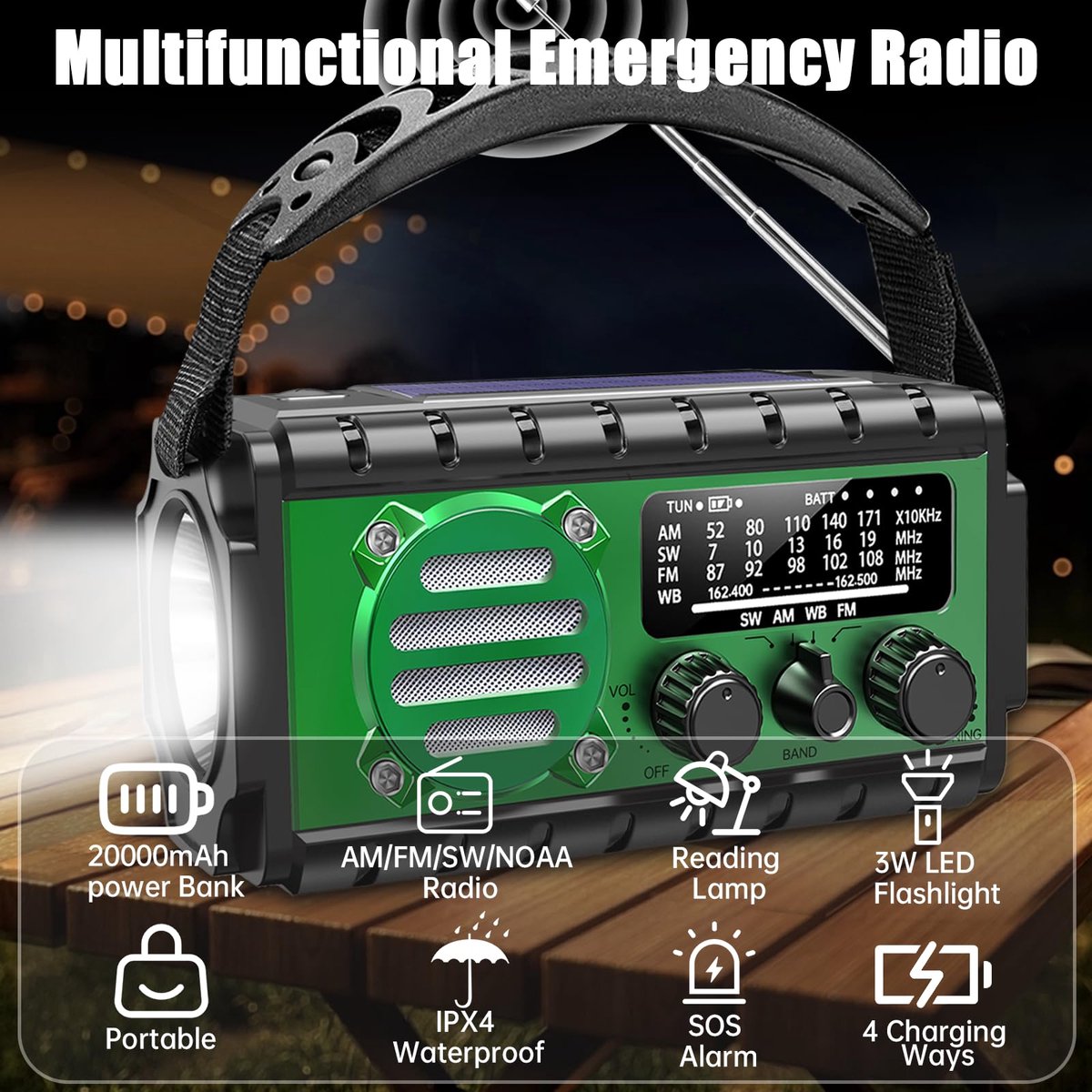 Noodradio met 20000mAh Powerbank - SW/NOAA/AM/FM weerradio, handbediende oplader met grote batterij, draagbaar, opladen van mobiele telefoon, SOS, zaklamp voor noodgevallen/thuis en outdoor – foto 3