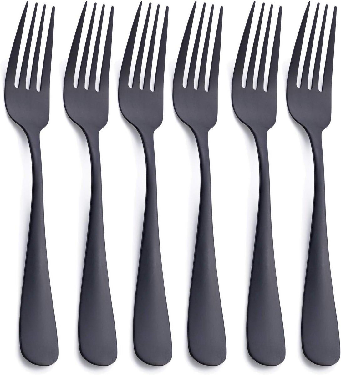 Set van 6 Matzwarte Dinervorken 20.3 cm RVS Bestek Satijn Afwerking Vaatwasmachinebestendig