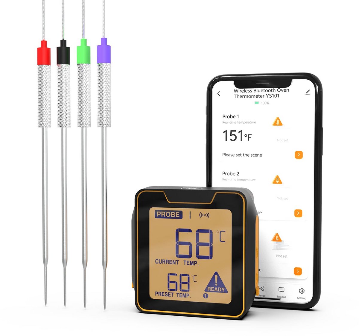 Draadloze BBQ Kerntemperatuurmeter met 4 Sonde - Digitaal Vleesthermometer
