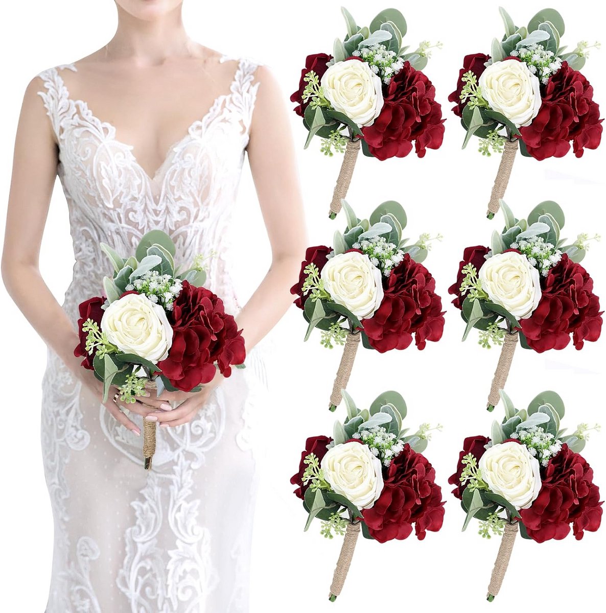 Set van 6 Zijden Bruidsmeisjes Boeketten Bordeauxrood en Wit voor Bruiloft