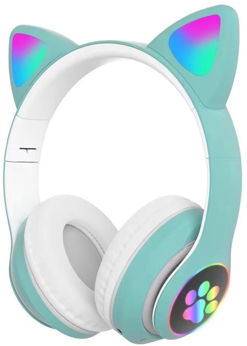 Lichtgroene en witte kinderkoptelefoon - draadloze over-ear koptelefoon - kinderkoptelefoon - in-ear Bluetooth-microfoon - kattenoortjes - met licht - roze