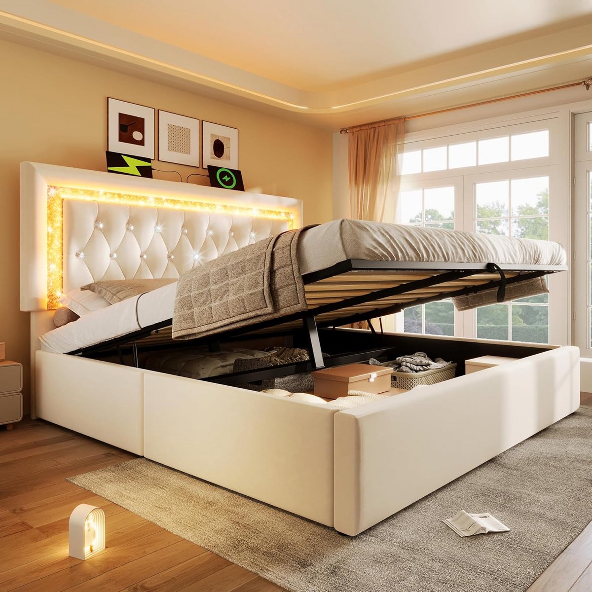 Tweepersoonsbed 160x200 incl. LED Hoofdeinde en Opbergruimte (Hydraulisch) - Beige Fluweel