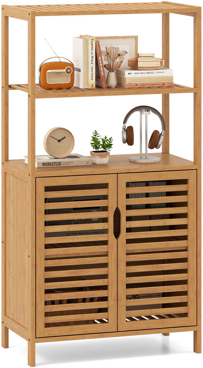 COSTWAY Boekenkast van bamboe met deuren, 4-laags rek met lamellendeurkast, vrijstaande opbergkast voor woonkamer, werkkamer, keuken, 60 x 33 x 116 cm