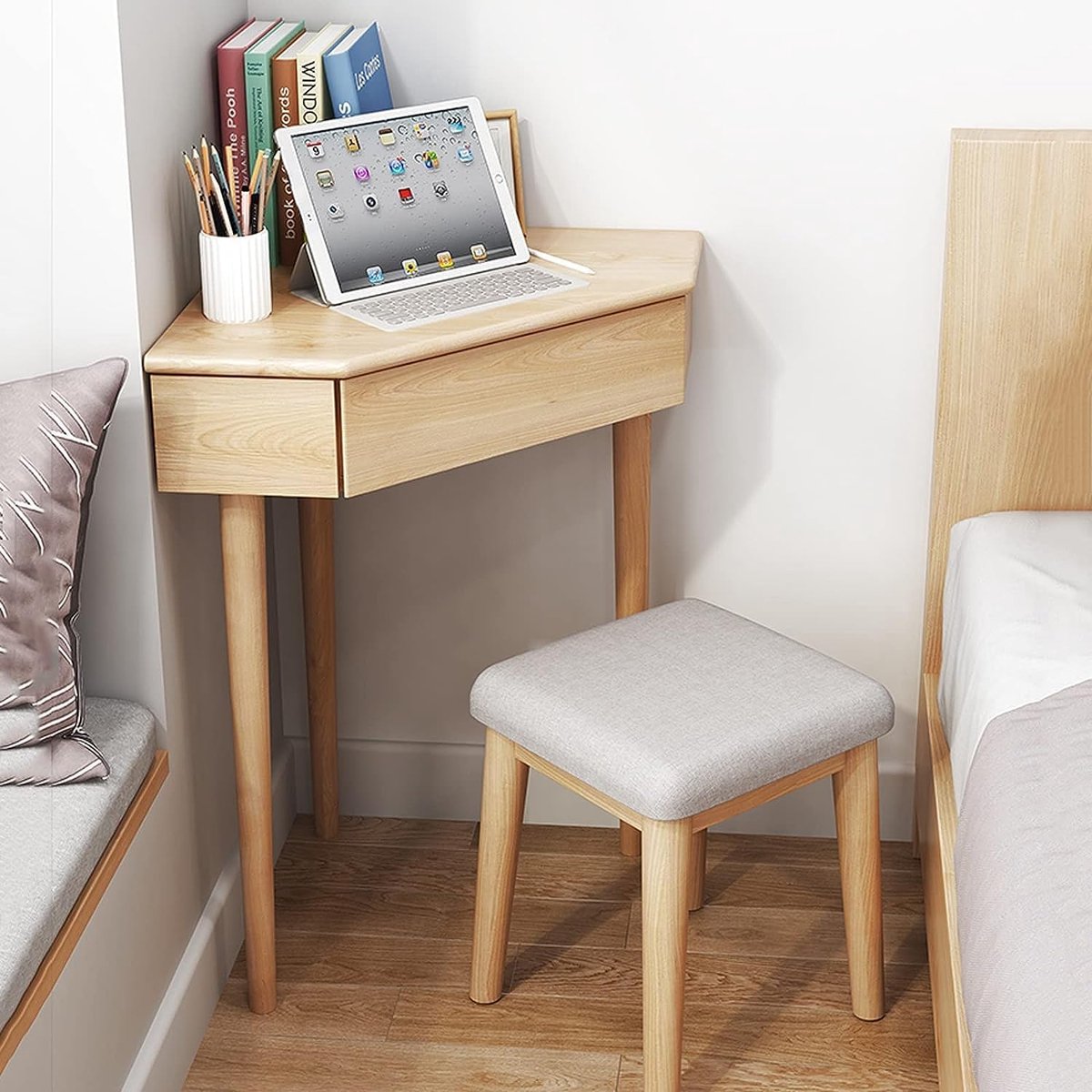 Compact Massief Eiken Hoekbureau met 2 Lades – Driehoekig Computerbureau en Schrijftafel voor Thuiskantoor 100x60x75cm – Novihome