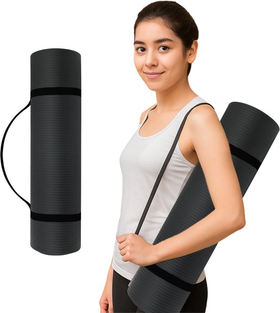 Endless NBR Yogamat met Draagriem – Antislip, Extra Dikke & Zachte Fitnessmat – Sportmat 180x61x1 cm – Zwart – Ideaal voor Yoga, Pilates, Gymnastiek & Training – Comfortabele NBR Sportmat met Draagband| with straps